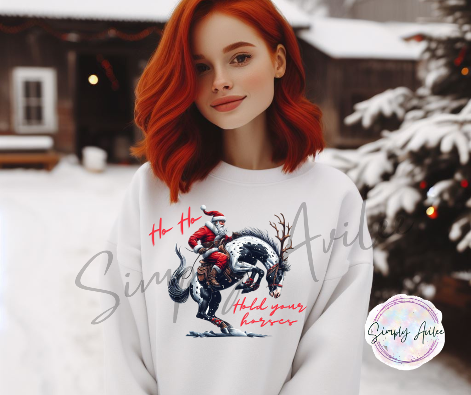 Ho Ho Hold Your Horses Western Cowboy Santa, Crewneck Sweatshirt