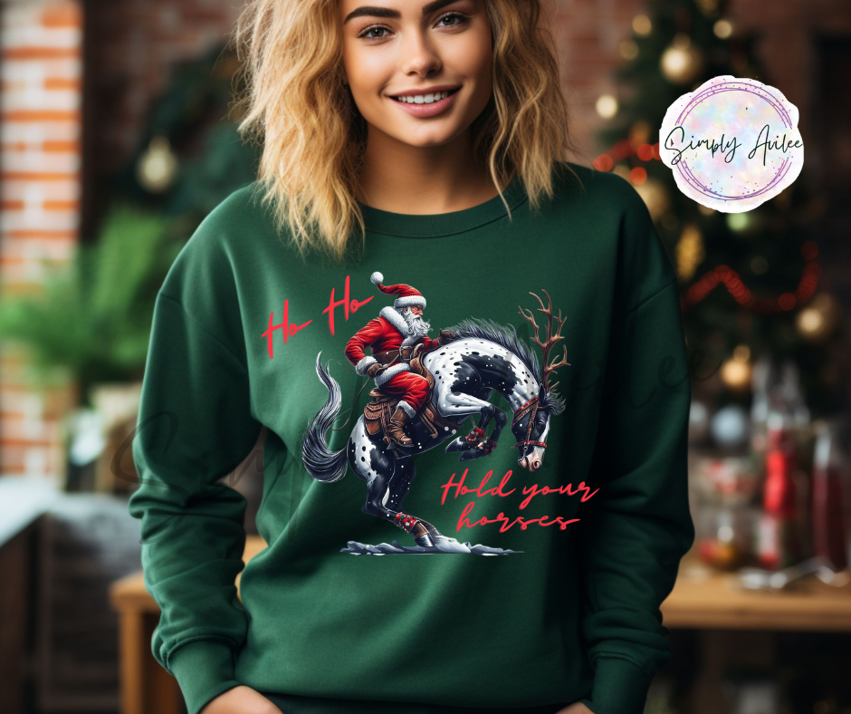 Ho Ho Hold Your Horses Western Cowboy Santa, Crewneck Sweatshirt