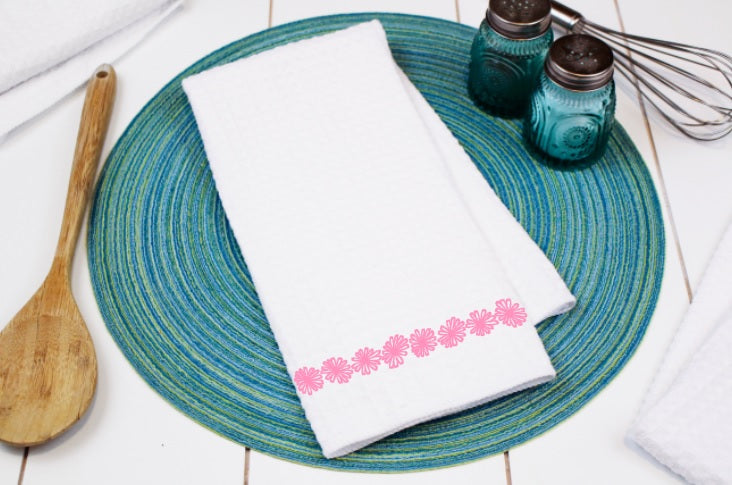 Pink Daisy Pyrex Pattern Waffle Weave Dishtowel