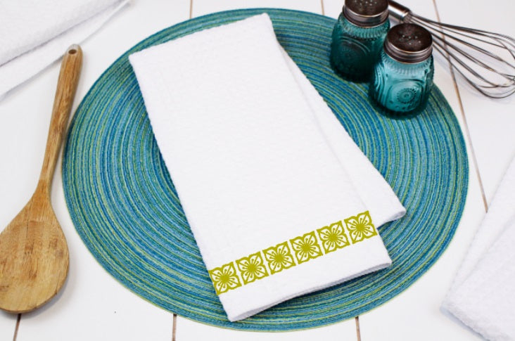 Verde Square Flower Pyrex Pattern Waffle Weave Dishtowel