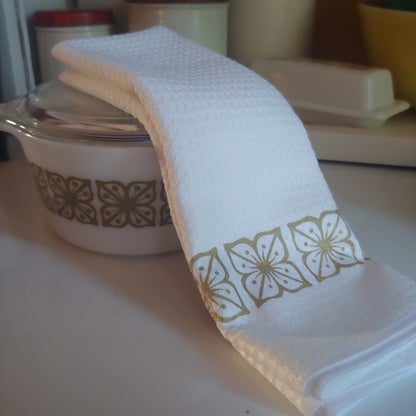 Verde Square Flower Pyrex Pattern Waffle Weave Dishtowel