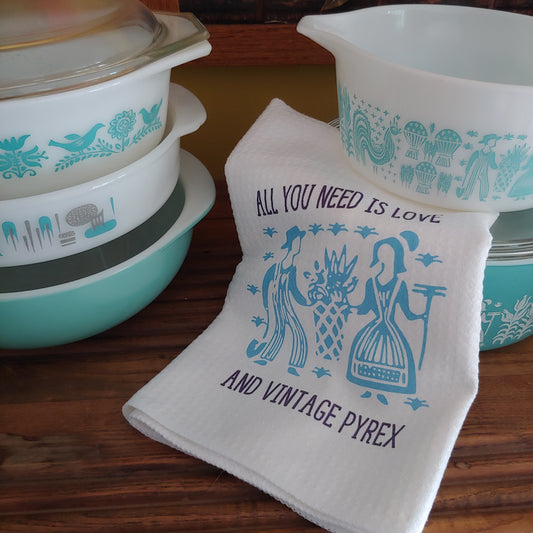 All You Need Is Love and Vintage Pyrex Pattern Waffle Weave Dishtowel