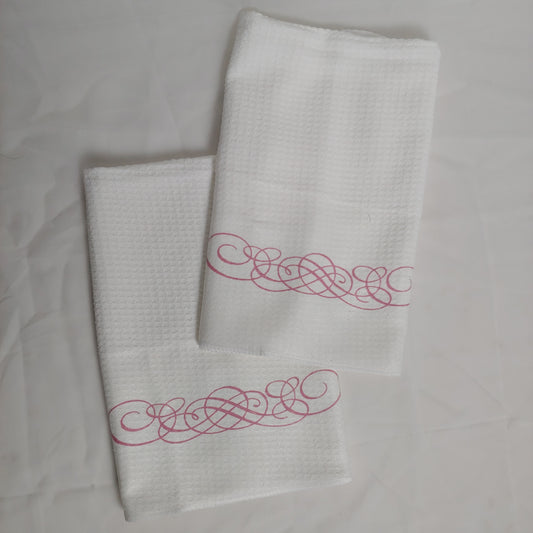 Pink Scroll Pyrex Pattern Waffle Weave Dishtowel