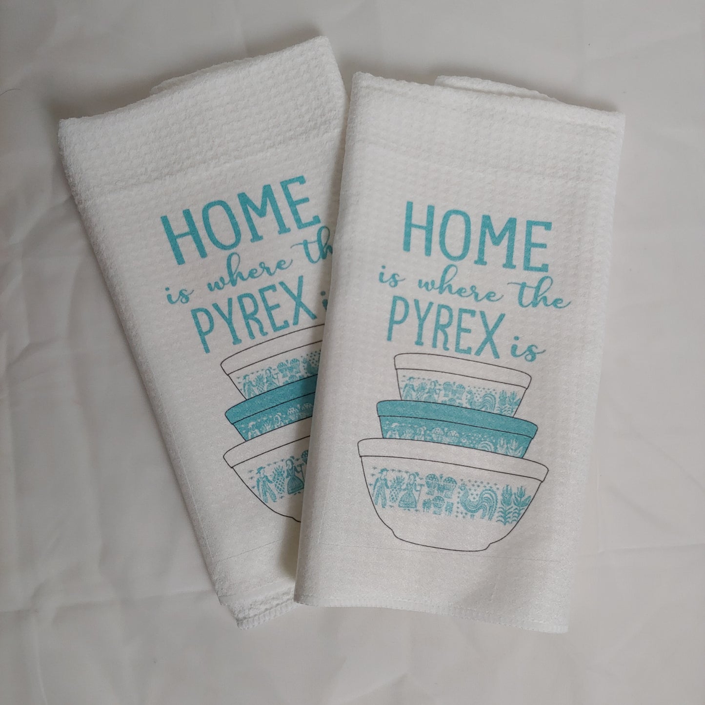 Home is Where the Pyrex Is, Teal Butterprint Bowls Waffle Weave Dishtowel