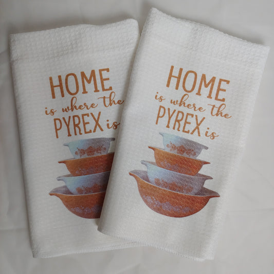 Home is Where the Pyrex Is, Butterfly Gold Bowls Waffle Weave Dishtowel