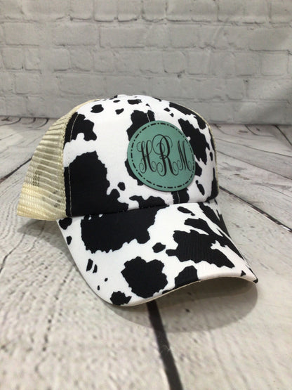Ladies Cow Print Ponytail Hats with Custom Patch
