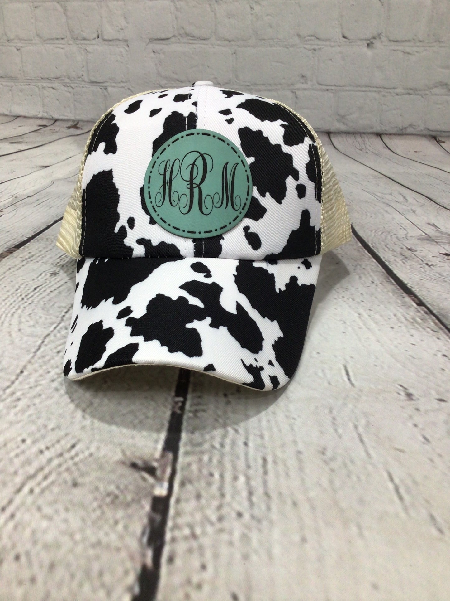 Ladies Cow Print Ponytail Hats with Custom Patch