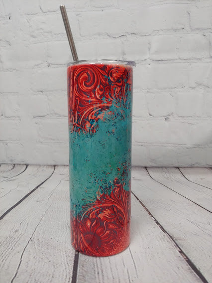Personalized Tooled Leather and Turquoise Western 20oz Tumbler