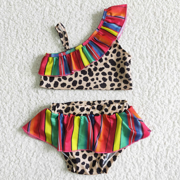 Leopard and Stripes Off Shoulder Girls Swimsuit