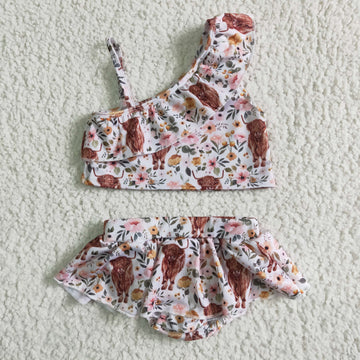 Highland Cows Off Shoulder Girls Swimsuit