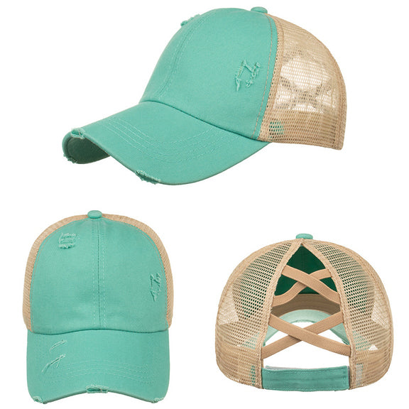 Lucky C Hat Co. clover logo, raggy patch, ladies ponytail hat